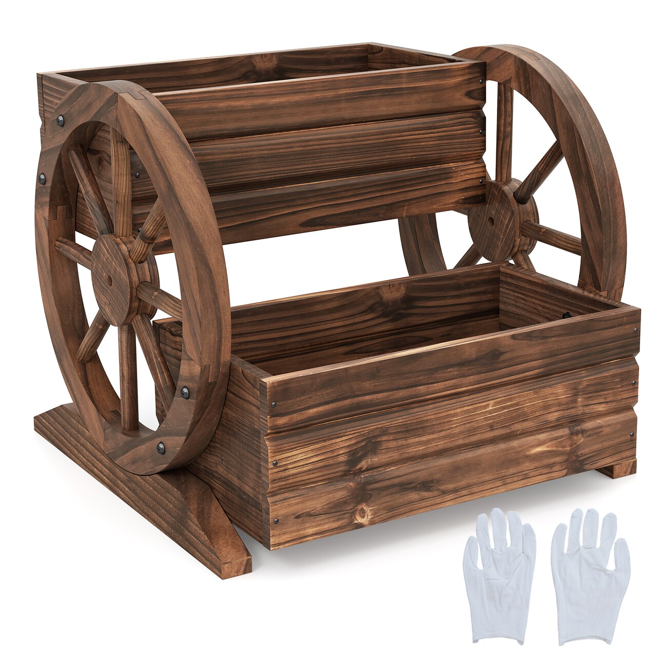 Outdoor 2-Tier Rustic Wood Wagon Garden Bed with Wheels and Drainage